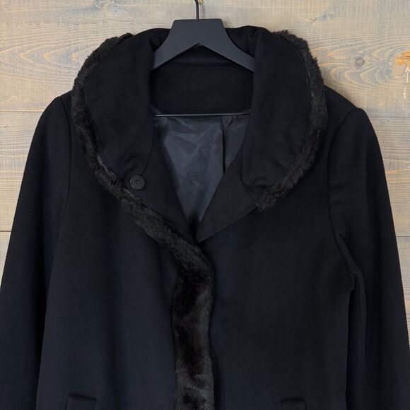 Vintage Black Wool Blend Overcoat w/ Faux Fur Trim Fits Women's L - XL - Picture 2 of 5